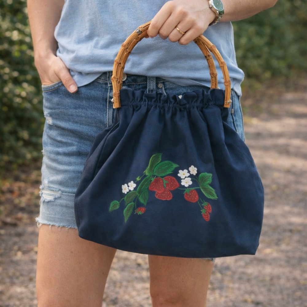 Vintage 70’s Navy Bag with Hand-Painted Strawberries & Bamboo Handles - Picture 1 of 10